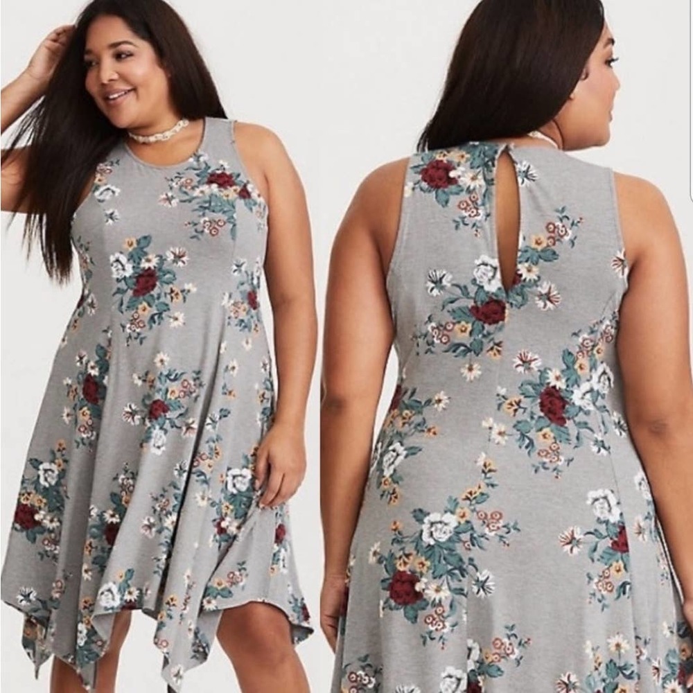 torrid Gray Floral Handkerchief Hem Dress with Burgundy and Teal Flowers
